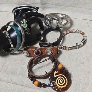Vintage Anthropologie Signed Silver Leather Love 10 Cuff Bangle Bracelet Lot